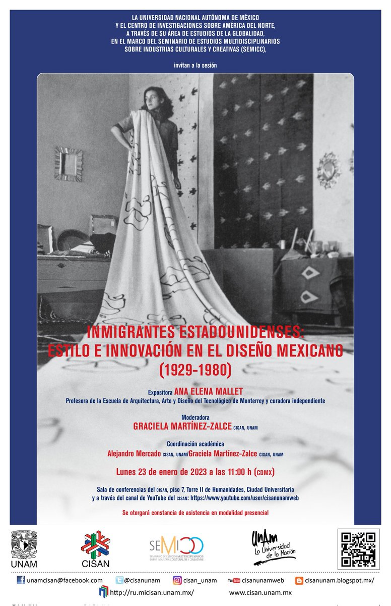 ⭐Invitamos a la sesión "Inmigrantes estadounidenses: estilo e innovación en el diseño mexicano (1929-1980)"  #CISAN 
📅Lunes 23 de enero 🕰11 h
📌Sala de conferencias, piso 7, Torre II de Humanidades, C.U.
maps.app.goo.gl/RwL29xnyEEn5Cd…
🌐Transmisión #EnVivo: youtube.com/@cisanunamweb
