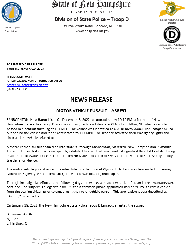 New Hampshire State Police on Twitter "MOTOR VEHICLE PURSUIT ARREST