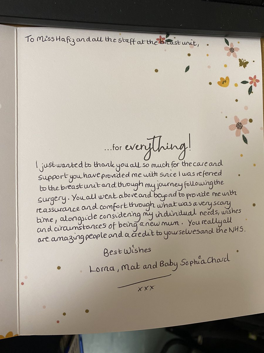 A lovely patient #letter #gratitude #expression <a href="/EQIQAI/">Shazia Hafiz</a> <a href="/SurgicalCdhUnit/">Leyland General Surgery CDH</a> <a href="/LancsHospitals/">Chorley & Royal Preston</a> 💕 👏🏼 amazing team work ensured this new mum received all support and care needed.  Excellent patient care is central to our core values 💕 <a href="/BreastunitCDH/">CentralLancashireBreastCareUnit</a> #NHS
