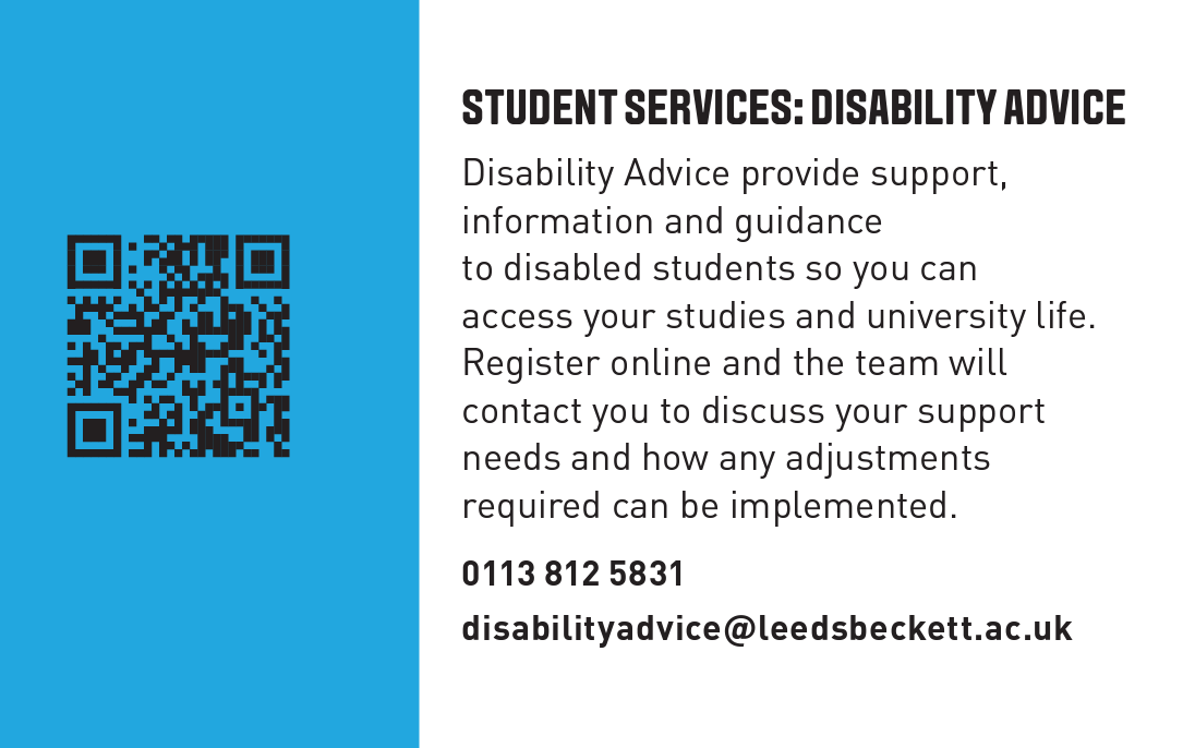 Disability Advice drop ins run from 12:30 - 13:30 every week.
Mon &amp; Tues - City Campus Student Services Centre
Weds &amp; Thurs Headingley Campus Student Services Centre
They can help with booking appointments, quick queries around DSA, signposting &amp; support bit.ly/3E230Gc