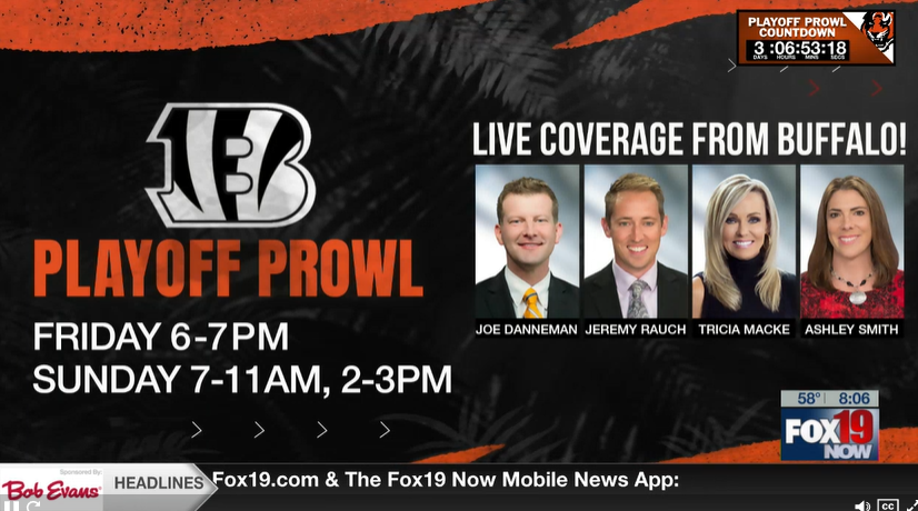 FOX19's tweet photo. WHO DEY! 
FOX19 NOW crews are live in Buffalo right now ahead of the Bengals vs. Bills playoff game Sunday.
You won't want to miss all our playoff specials Friday and Sunday:
@FOX19Joe
@FOX19Jeremy
@FOX19Tricia
@AshleyWxFox19
https://t.co/m6L4peMYZM https://t.co/OP0J6komD7