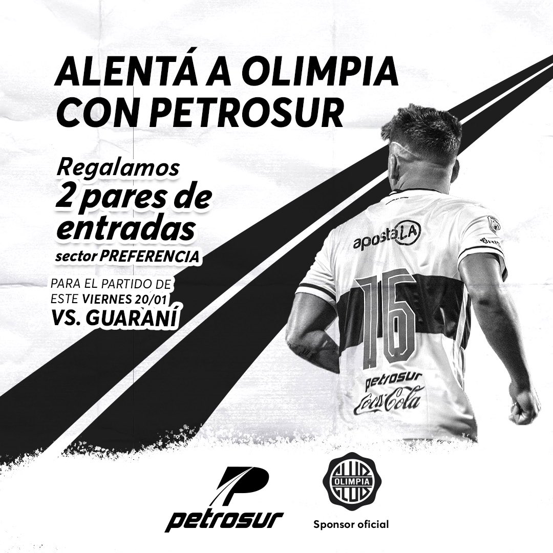 Regalamos 2 pares de entradas Sector Preferencia para alentar a Olimpia en su partido amistoso contra Guaraní.

✅Dale RT a esta publicación.
✅Arrobá en los cometarios a tu acompañante.

Anunciamos a los ganadores MAÑANA a las 12:00 hs

#PETROSUR Sponsor Oficial del Club Olimpia