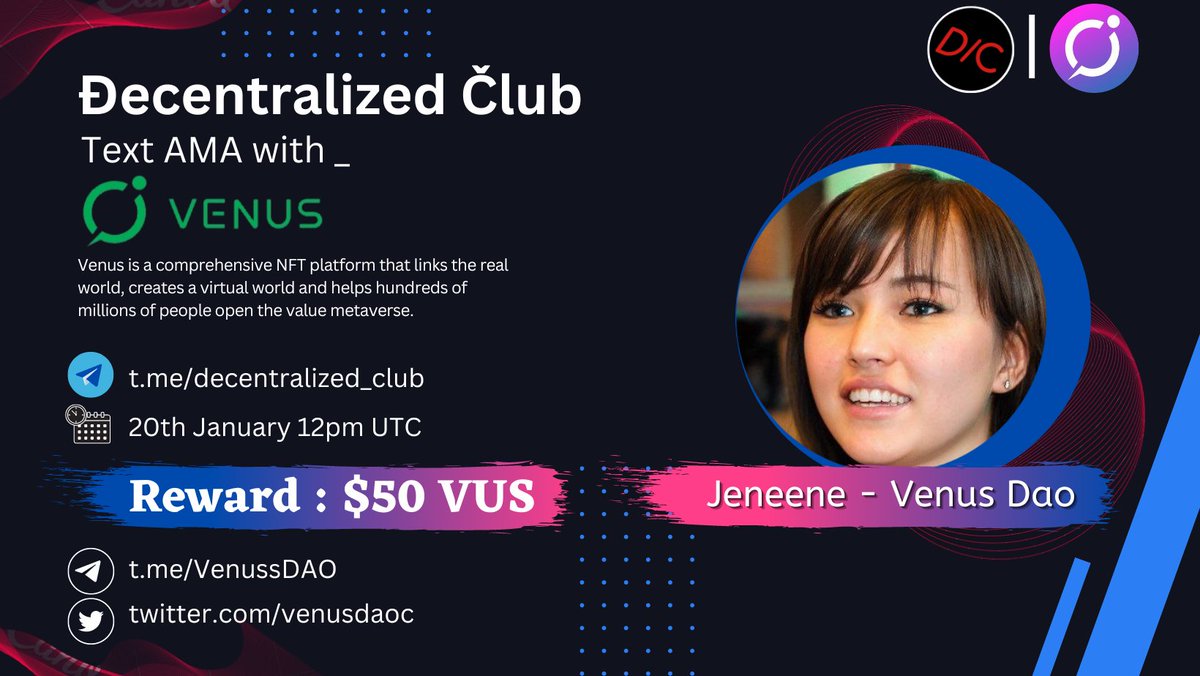 dens_club's tweet photo. DC Presenting a Text #AMA🎉

📌 Venue : https://t.co/5b2oGGVSfT
⏰ When : 20 Jan 12pm UTC 
🤑 Rewards : $50

10 winners will get $5 each
Telegram (5) &amp; Twitter (5)

1⃣ Follow @venusdaoc &amp; @dens_club
2⃣ Like &amp; RT &amp; Tag 3 Friends 
3⃣ Post your questions.

#Giveaway #Airdrop #AMAs https://t.co/r682pzVMYb
