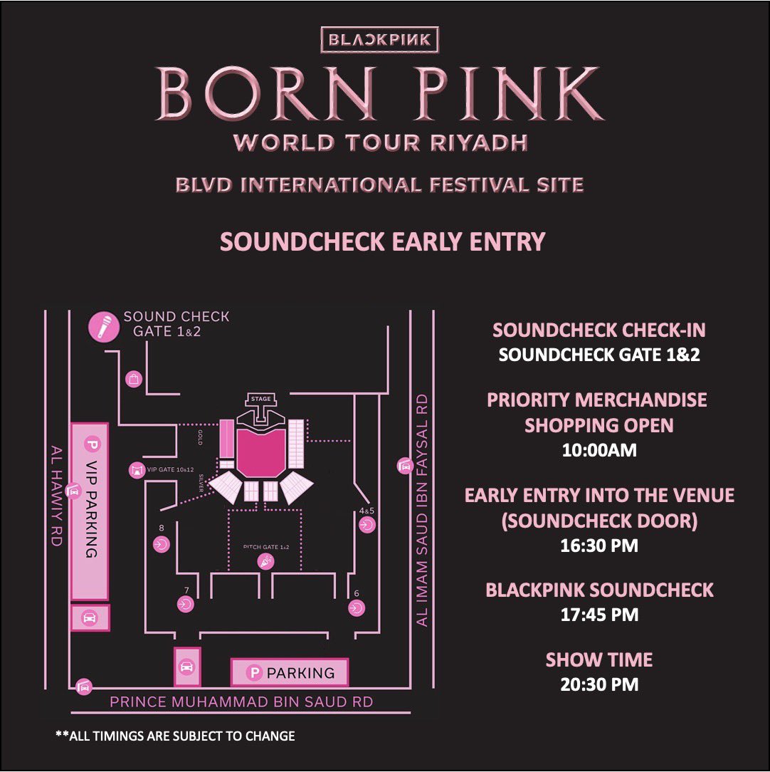 LiveNationME's tweet photo. KSA BLINKs
Here is all you need to know if you're a Sound Check ticket holder!
Arrive early and shop for BLACKPINK merch!
#BLACKPINK #블랙핑크 #WORLDTOUR #BORNPINK #BORNPINKRIYADH #20230120 #LIVENATIONME #RIYADHSEASON #YG https://t.co/JNPmVqJUJn