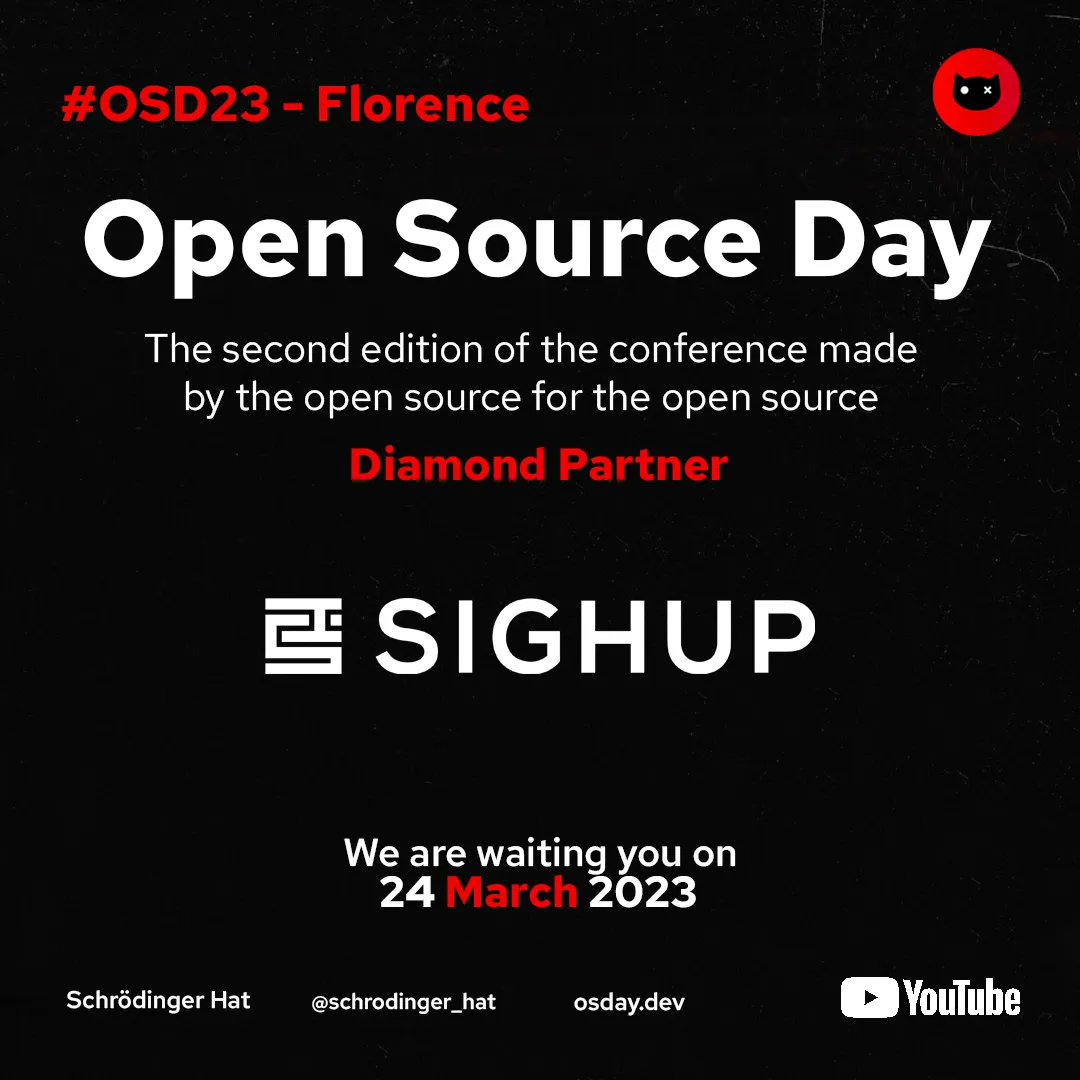 📣 We are proud to announce our second diamond partner <a href="/sighup_/">SIGHUP</a> for the #osday23!
❓Do you want to know more about it?

buff.ly/3wdqtzF 

#opensource #osday #event #conference #tech #frontend #backend #foss #florence #cloud #talk #devops #javascript #python #rust #git
