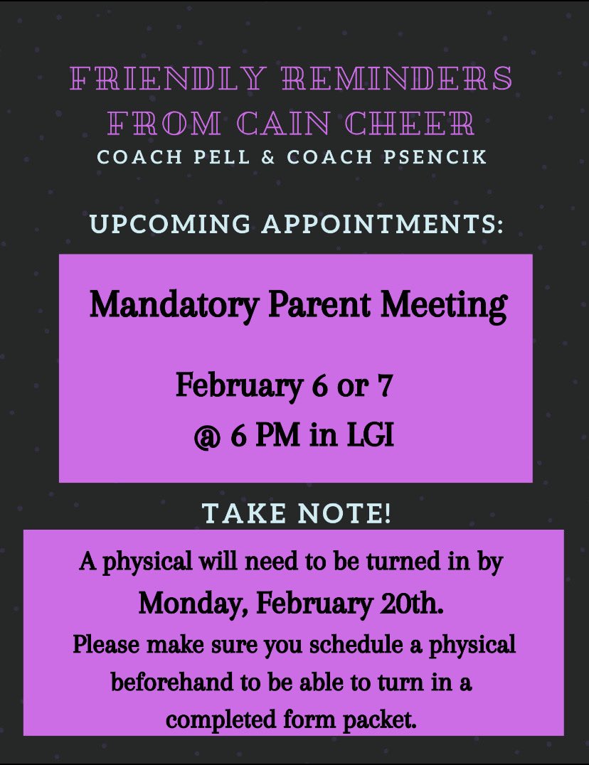 Please be aware that you will also need a physical in order to try out and will need to be turned in with your try out packet on Feb 20th. (Tryout packets will be handed out at meeting)