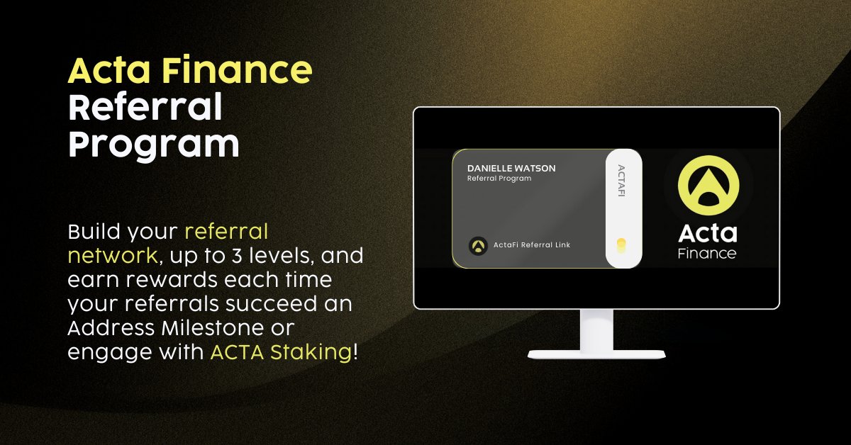 ActaFi's tweet photo. Interested in earning with ACTA Tokens? Build your referral network, up to 3 levels, and earn rewards each time your referrals succeed an Address Milestone or engage with ACTA Staking! ๐ฐ
Learn more at https://t.co/pLoVgQjtKz
#ACTAToken #Referrals #EarningCrypto https://t.co/JJPdX4H3XX