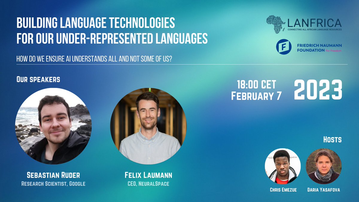 Language is an important part of our culture, so how do we ensure that AI represents all our cultures? 

Join our panel w/ @seb_ruder & @felix_laumann to learn the challenges, and opportunities in building inclusive language technologies. 

Register: lanfrica.com/blog/building-…