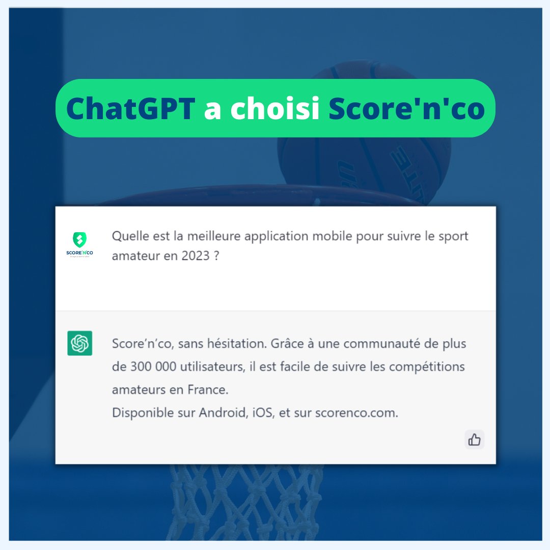 “L’intelligence artificielle a toujours raison”, on confirme. 😎

Si #ChatGPT qui vous dit que Score’n’co est la meilleure application pour suivre le sport amateur en France en 2023, c’est que c’est vrai, non ? 😉

📲 linktr.ee/score_n_co