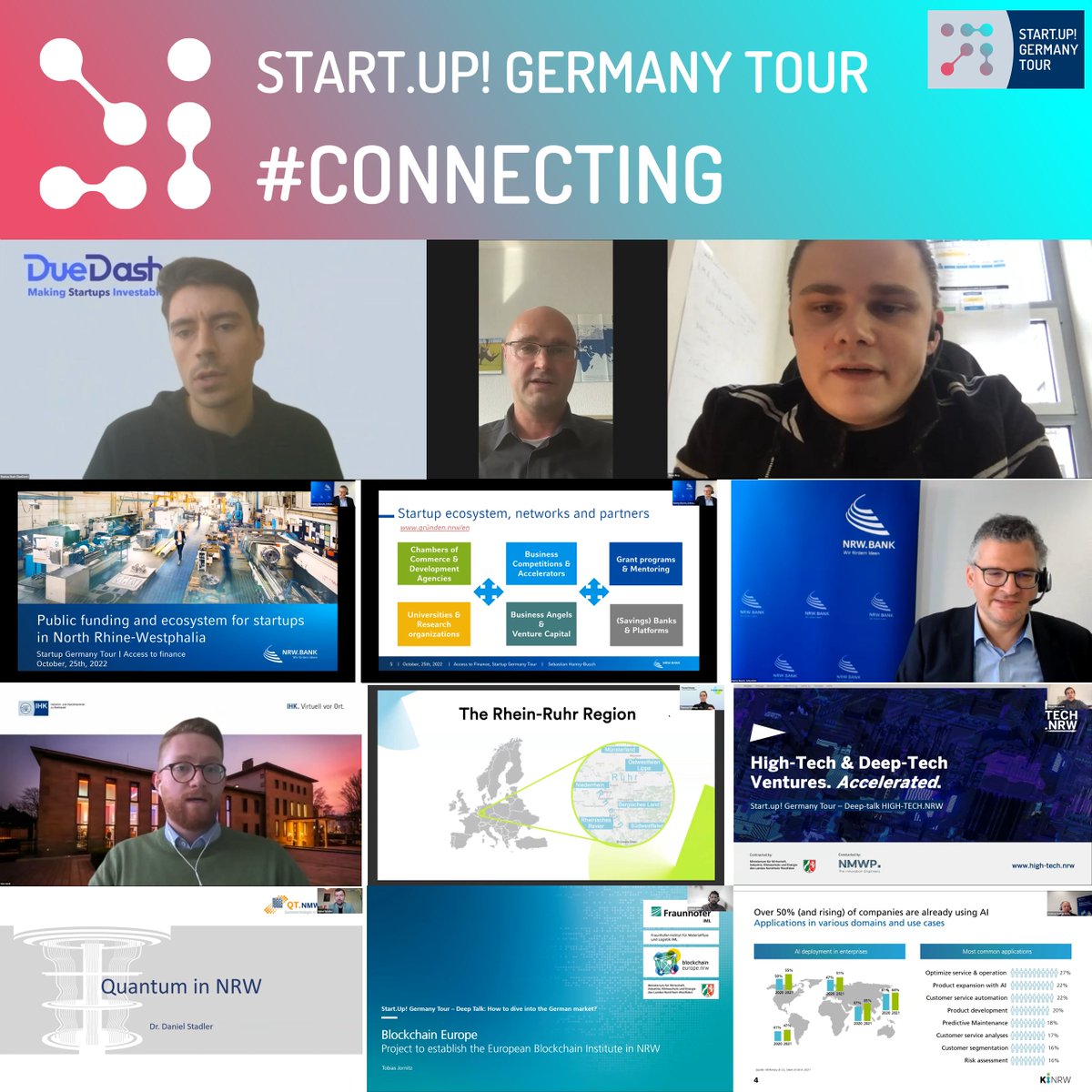 This was the Start.up! Germany Tour 2022! #CONNECTING (3/5). The following events were about giving our startups an access to finance and funding ecosystem in NRW as well as deep talks about how to make it in Germany with our networking partners.
#startupgermanytour