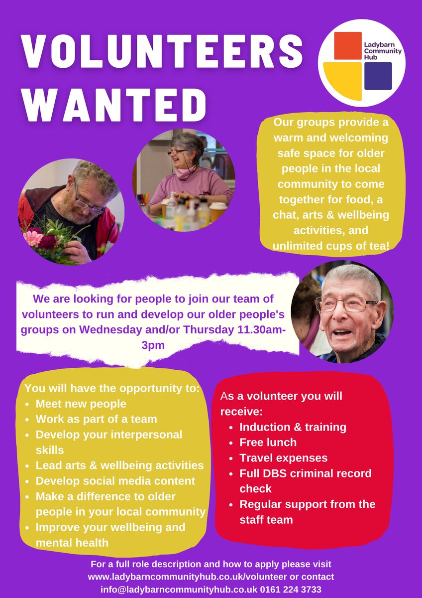 We are recruiting for volunteers to support with our older people's lunch groups. Could you give 3.5 hours a week to work in a friendly &amp; supportive team, making a real difference to older people in our local community? Please see details below #volunteering #olderpeople