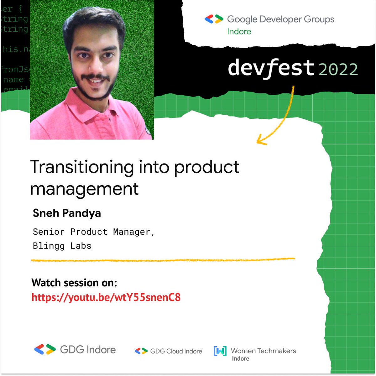 GDG_Indore's tweet photo. A surprise for the budding Project Managers and curious minds!
In the session, Sneh Pandya shares the key learning for potential product managers and developers.
Catch an insight of being a Product Manager at: https://t.co/J64kKHOUsx
#devfestindore2022 #gdgindore https://t.co/lxjkLOlQh6