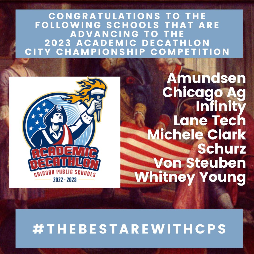 Tracya Randle (@mstraerandle) on Twitter photo 🎉Congratulations are in order! <a href="/Amundsen_HS/">Amundsen High School</a> <a href="/ChicagoAgHS/">Chgo HS Ag Sciences</a> <a href="/InfinitySTEMHS/">Infinity STEM HS</a> <a href="/LaneTech1440/">Lane Tech</a> <a href="/MClarkEagles/">Michele Clark Academic Prep High School</a> <a href="/CarlSchurzHS/">Schurz High School</a> <a href="/VonSteubenMSC/">Von Steuben MSC</a> <a href="/wyhs/">Whitney M. Young HS</a> are advancing to the 2023 Academic Decathlon City Championship!!!! #CPSAcademicCompetitons #TheBestAreWithCPS 🎉Congratulations are in order! <a href="/Amundsen_HS/">Amundsen High School</a> <a href="/ChicagoAgHS/">Chgo HS Ag Sciences</a> <a href="/InfinitySTEMHS/">Infinity STEM HS</a> <a href="/LaneTech1440/">Lane Tech</a> <a href="/MClarkEagles/">Michele Clark Academic Prep High School</a> <a href="/CarlSchurzHS/">Schurz High School</a> <a href="/VonSteubenMSC/">Von Steuben MSC</a> <a href="/wyhs/">Whitney M. Young HS</a> are advancing to the 2023 Academic Decathlon City Championship!!!! #CPSAcademicCompetitons #TheBestAreWithCPS