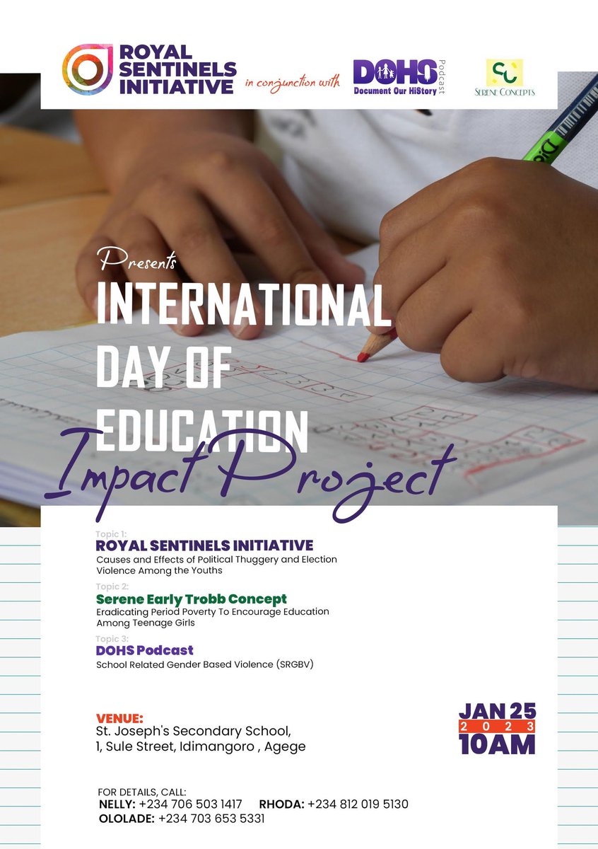 As a way of marking the International Day of Education, <a href="/RoyalSentinels/">Royal Sentinels Initiative</a> in conjunction with @Serene_Concepts and <a href="/dohspodcast/">Document Our HiStory Podcast</a> will be visiting St. Joseph's Secondary School, Agege, to educate the students and also assist a couple of them with stationeries to aid their learning.