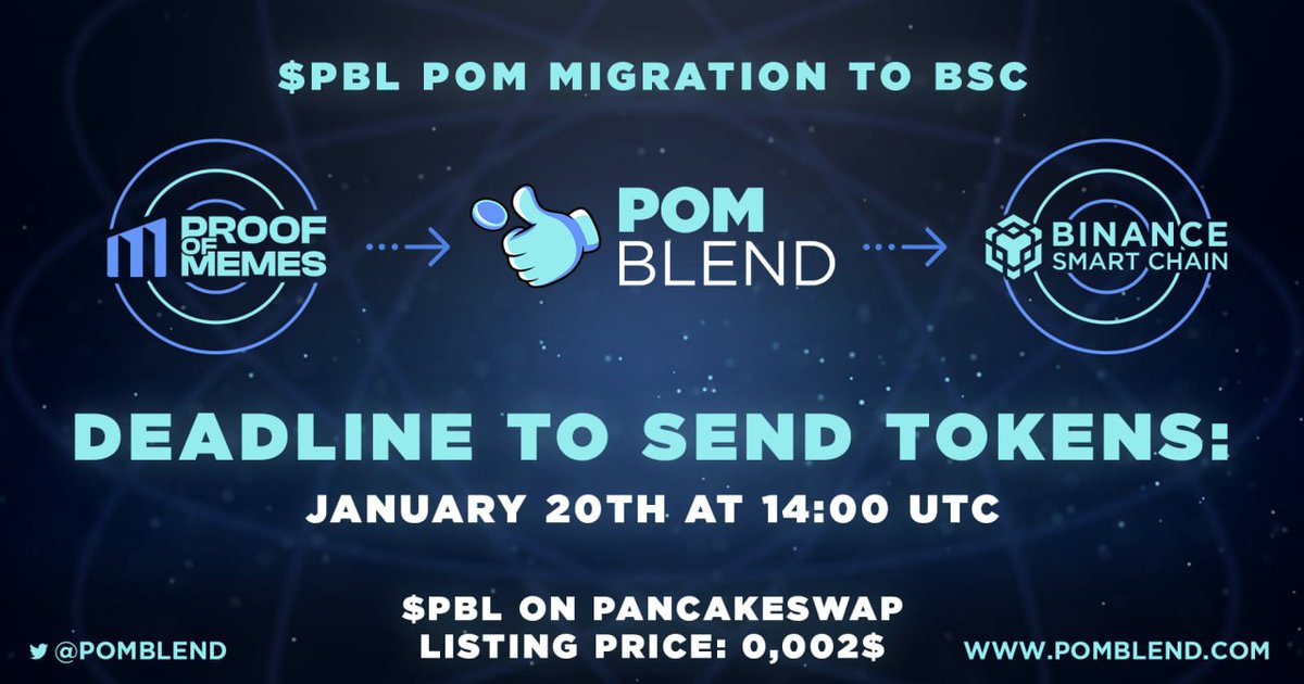 Hello Pomblend family! It's our pleasure that migration is starting very soon! 🔥 To receive your $POM tokens in #BSC, send your current tokens to the following address: 0x830b5B03cB422dcce115518688C967786a59C242 Let's start the new chapter together! 💥🔥