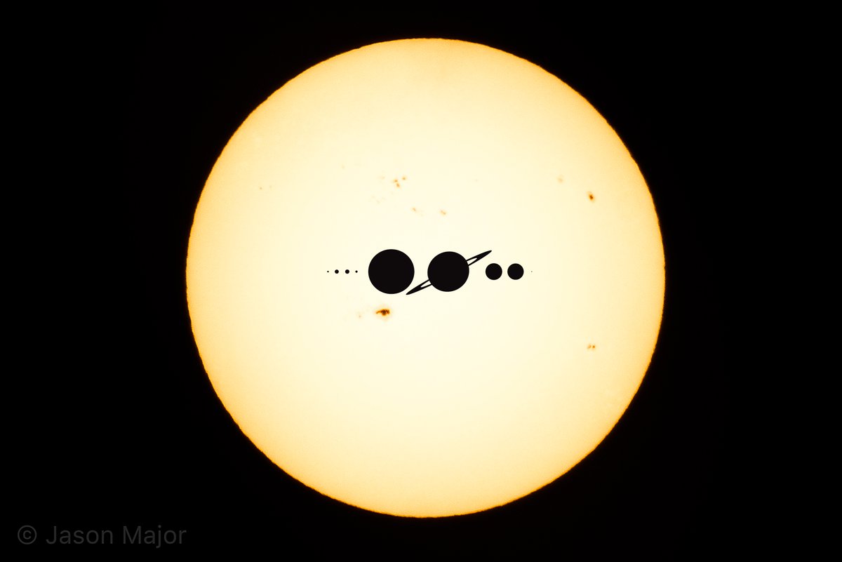 The scale sizes of the planets lined up in order L-R from inner to outer compared to the Sun, which is about 1.4 million km wide. (Using a filtered photo I took of the Sun on Jan. 18, 2023 with several active sunspot regions.)