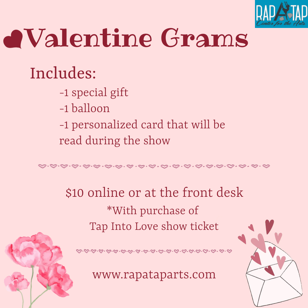 rapataparts's tweet photo. Valentine Grams for our Tap Into Love show are on sale now! Grams come with everything listed here. You can purchase grams and show tickets at this link: https://t.co/RoqfcPccuf 

#valentines #dance #danceshow #valentinegram #sandiegoshow #sandiegotapdance #sandiegodance https://t.co/YyNd2g1L8x