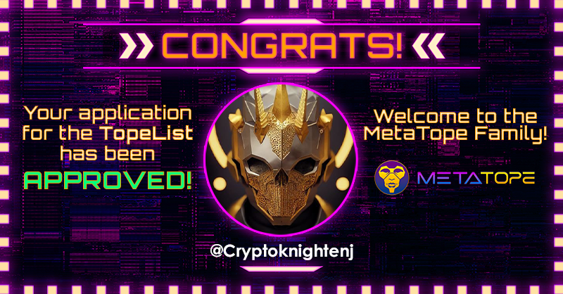 topelist's tweet photo. Congratulations @Cryptoknightenj you have been approved for the #TopeList - welcome to the family! All approved applicants receive 7 bonus points toward our Mutant Hounds Collar giveaway on Friday at 12pm PST!! Congrats ππ https://t.co/E5sRXB9oYk
