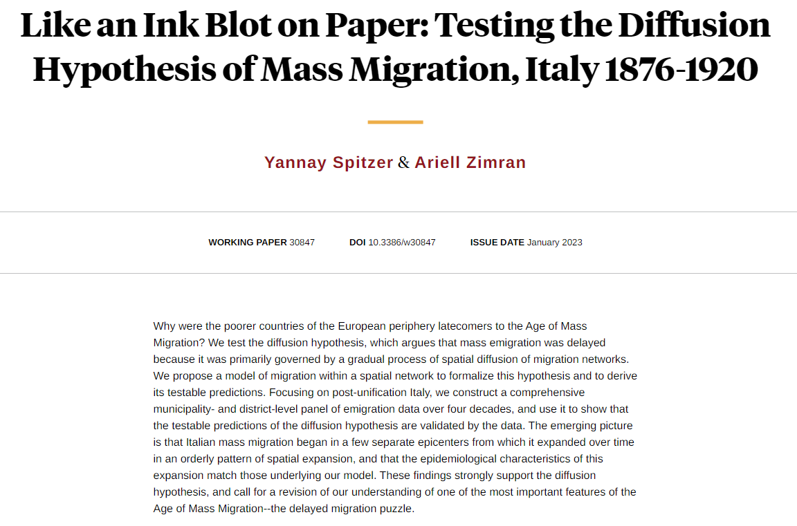NBER (@nberpubs) on Twitter photo Italian migration shows that a slow spatial diffusion of migration networks delayed emigration from the European periphery during the Age of Mass Migration, from <a href="/YannayASpitzer/">Yannay Spitzer</a> and <a href="/AriellZimran/">Ariell Zimran</a> nber.org/papers/w30847 Italian migration shows that a slow spatial diffusion of migration networks delayed emigration from the European periphery during the Age of Mass Migration, from <a href="/YannayASpitzer/">Yannay Spitzer</a> and <a href="/AriellZimran/">Ariell Zimran</a> nber.org/papers/w30847