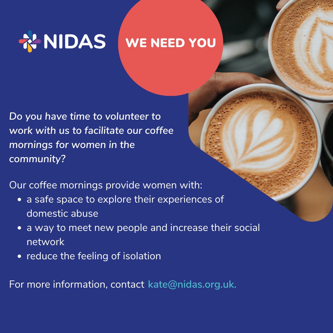 nidas_org_uk's tweet photo. We are currently looking for #volunteer Support Group Helpers to be part of the #NIDAS team to help us to facilitate our coffee mornings for women in the community. For more information, contact kate@nidas.org.uk.
#DomesticAbuse #Support https://t.co/dAUg5SChKL