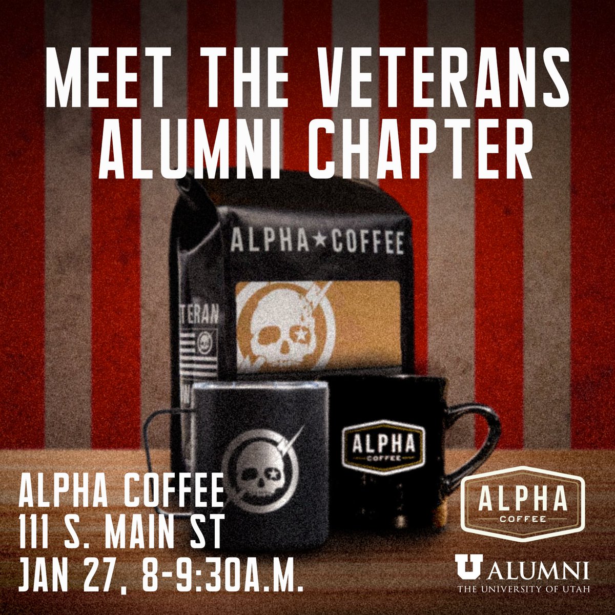 U Alumni (@utahalumni) on Twitter photo Join us at <a href="/thealphacoffee/">Alpha.Coffee</a> on Fri. Jan 27 from 8-9:30 a.m. to chat with #UofU Veteran alums and students to learn more about the Veterans chapter and how to get involved!
Coffee courtesy of the #UAlumni Veterans Chapter! Register here ☕➡️ ow.ly/HJpe50MvpFM Join us at <a href="/thealphacoffee/">Alpha.Coffee</a> on Fri. Jan 27 from 8-9:30 a.m. to chat with #UofU Veteran alums and students to learn more about the Veterans chapter and how to get involved!
Coffee courtesy of the #UAlumni Veterans Chapter! Register here ☕➡️ ow.ly/HJpe50MvpFM