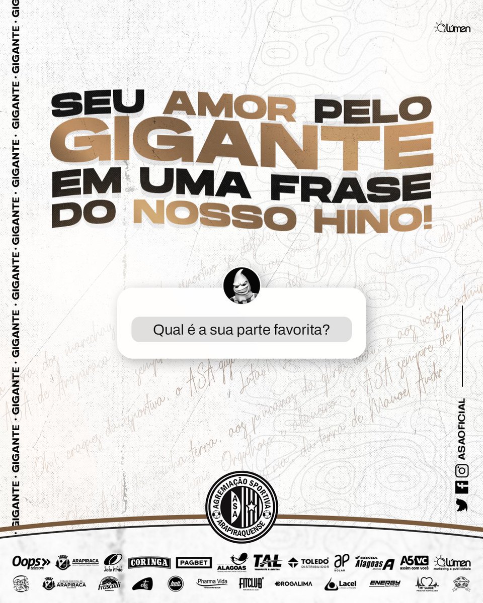 ASAoficial's tweet photo. É um sentimento que brota do peito, um amor indescritível! 😍

A frase que mais toca o ADM aqui é a seguinte: “Orgulhoso e altaneiro, o ASA sempre de pé!” 🎶

E para você, meu consagrado 🖤, qual parte do hino do GIGANTE ⚫⚪ te toca mais?

Retweeta aí!!

#SOUASA #Arapiraca https://t.co/MsZF5O3k8t
