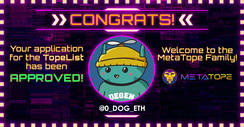 topelist's tweet photo. Congratulations @0_DOG_ETH you have been approved for the #TopeList - welcome to the family! All approved applicants receive 7 bonus points toward our Mutant Hounds Collar giveaway on Friday at 12pm PST!! Congrats ππ https://t.co/V6HY36ivqv