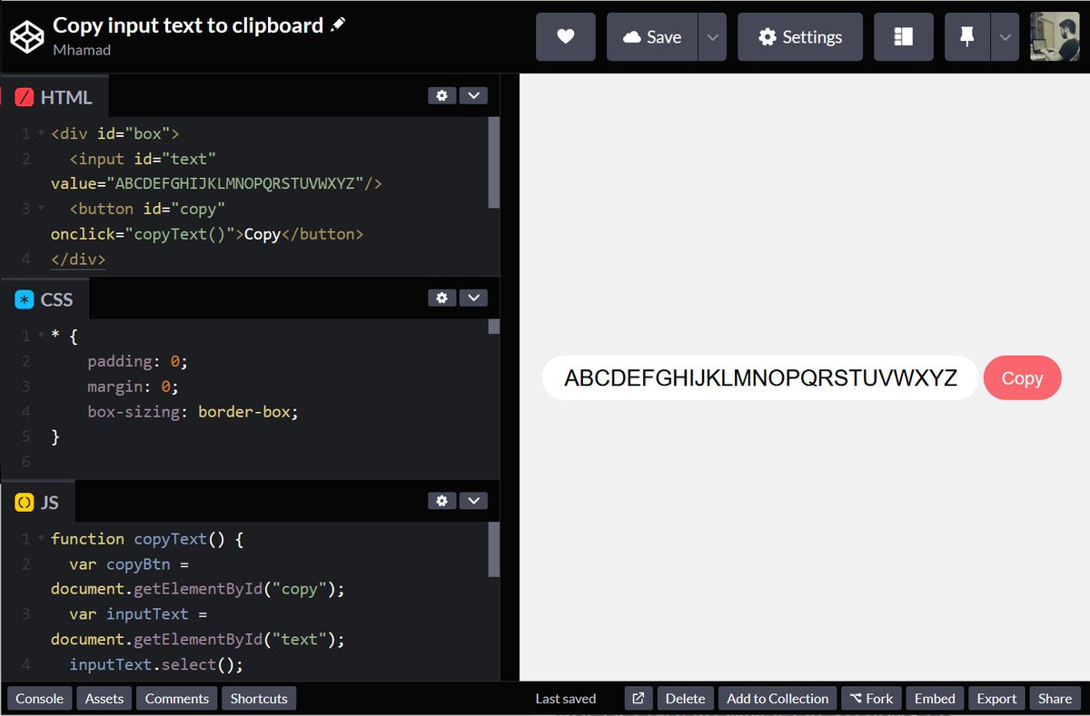 أحد الأخوة طلب زر نسخ للنص الموجود في حقل نصي، قررت مشاركته لمن يحتاجه على موقع codepen
codepen.io/mhamadharmush/…

وداعاً للمصممين 🤪