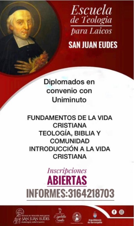 pespiritusantob's tweet photo. Nuestras parroquia, en Barranquilla le informa que tenemos una Escuela de Teología Virtual, tenemos alumnos de Bolivia, Chile, Ecuador, Mexico, USA y Colombia
Y a solicitud de algunos hermanos eudistas les hacemos llegar esta publicidad. https://t.co/8y4TsKQkMW