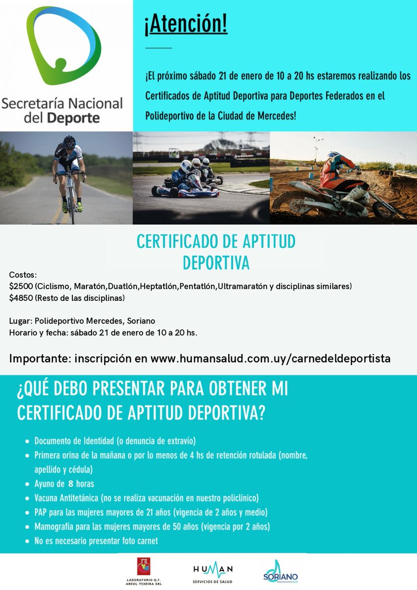 ✅El próximo sábado 21 de Enero de 10:00 a 20:00m estaremos realizando los Certificados de Aptitud Deportiva para deportes Federados en el Polideportivo de la Ciudad de Mercedes