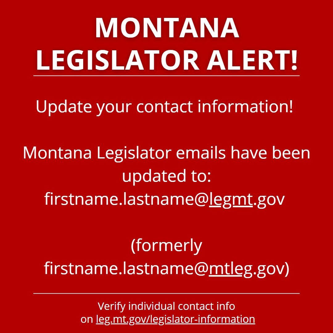 MTEIC's tweet photo. Important update for #MTLeg!

We were notified earlier this week of a slight change in email address for Montana legislators -- to end in https://t.co/TzmUumIG72 (not https://t.co/duyQd5Hzzw)

Verify individual contact info on https://t.co/H1qsLNqpAU

#mtnews #mtpol https://t.co/C6MzYan7DC