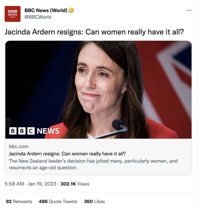 Fixed your headline, <a href="/BBCNews/">BBC News (UK)</a> -

Jacinda Resigns: Can men take a lesson in recognizing the limits of their contributions &amp; stepping down before driving countries to the depths of hell trying to hold on to power?”
