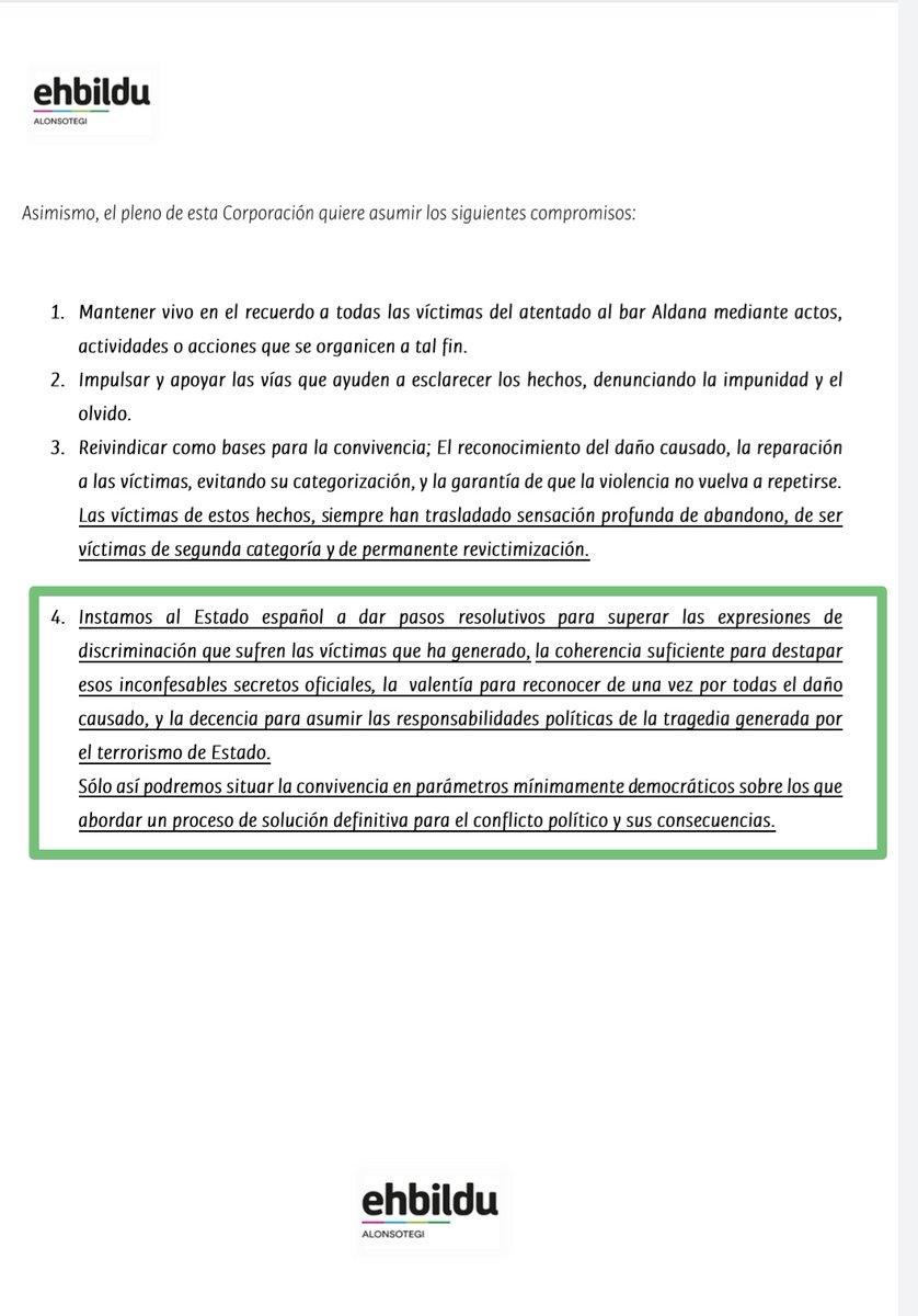 #alonsotegi
#gerrazikina
#atentadobarAldana
Un año más el veto de PNV-PSOE impide una declaración institucional que exija al Estado español a reconocer el daño causado y asumir su responsabilidad en el atentado al Bar Aldana en Alonsotegi.
4.punto de la declaración rechazado.. 👇