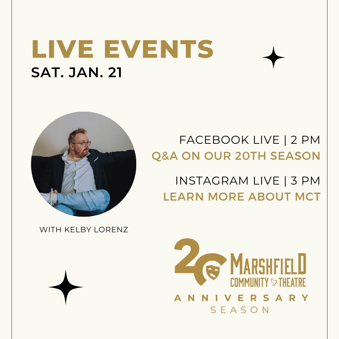I'm excited to be going live tomorrow for Marshfield Community Theatre to talk about all the things around our 20th season and how MCT has gotten to this milestone year. I hope to see some of you there!  #TheatreWithHeart #MCTTurns20 #FBLive #IGLive