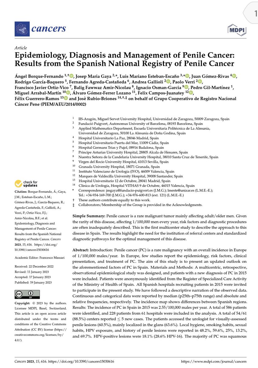 Penile cancer incidence is high in 🇪🇸 compared to other 🇪🇺 countries. The risk factors are usually misreported, the diagnosis and management are suboptimal, encouraging the identification of referral centers for management #penilecancer @InfoAeu mdpi.com/2072-6694/15/3…