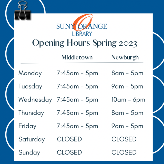 SUNY_OrangeLIB's tweet photo. Welcome back‼️😊 we are so excited for this semester. Check out our spring 2023 hours for both campus libraries😊 let’s do this #SOLibraries. #SOWorthIt https://t.co/SVO9NDFExh