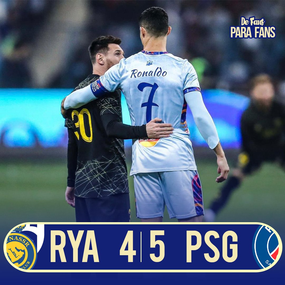 DeFansparaFans2's tweet photo. 🏁Se acaba el duelo amistoso entre el #RiyadhXI y el #PSG con victoria para los de París con el último duelo entre #Messi𓃵 y #CR7𓃵 donde ambos anotaron goles para sus equipos https://t.co/nmipxhXl0M