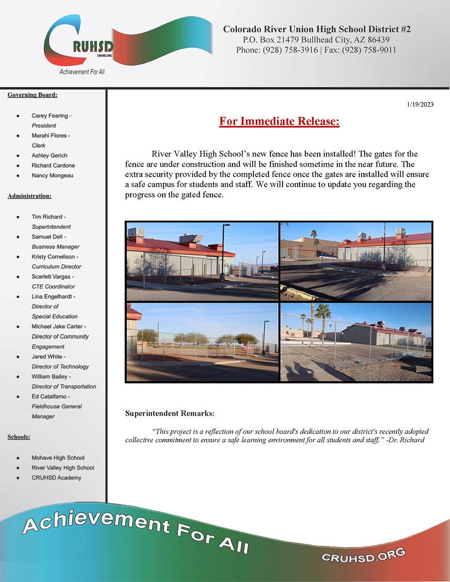 CRUHSD2's tweet image. We have some great news to share with you regarding River Valley High School's New Fence!

Please read the Press Release attached to this post for more details.

#CRUHSD #RVHS #CollectiveCommitments #Security