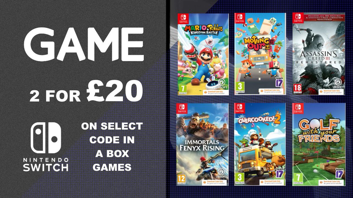 NintendoPlayUK's tweet photo. 🛒 Boost your boxed #NintendoSwitch collection with @GAMEdigital's 2 for £20 offer on code-in-the-box games.
Feat. 25 games, inc. #ImmortalsFenyxRising, #MarioRabbids, , #Overcooked2, #WormsRumble, #ChildofLight, #TrialsRising and more.
Offer ends 1st February. https://t.co/N96u3MWy71