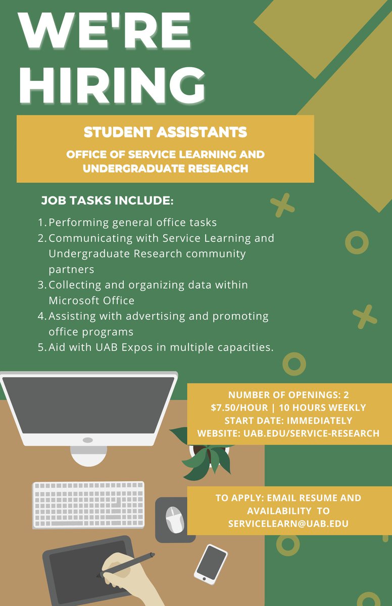 Be in-the-know about upcoming opportunities as a Student Assistant in the Office of Service Learning and Undergraduate Research! We are looking to hire two highly motivated Student Assistants! To apply, visit our profile on Handshake 
uab.edu/service-resear…