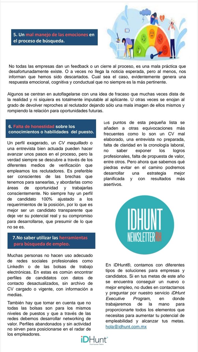 CarolinaGC91's tweet photo. Si dentro de tus metas para este 2023 se encuentra la obtención de un nuevo #trabajo, no puedes perderte este newsletter en donde te presentamos la lista de los errores más comunes y poco conocidos  en la #búsquedadeempleo.
🔍🎯🧑‍💻👷‍♀️💼📈

#IDHunt
#RRHH #Headhunters #Candidatos https://t.co/LtcUjHy6Hm
