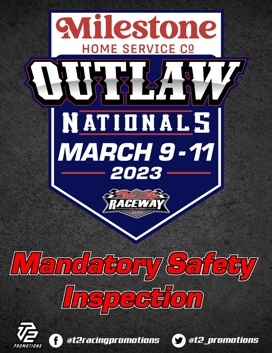 Safety inspection will be 100% mandatory for all drivers competing in the 2023 Outlaw Nationals.

More info: bit.ly/3XnTogt

If you have any questions or concerns please text/call Talin Turner at (913) 337-1444. 

@PortCity_Racing @NOW600Series