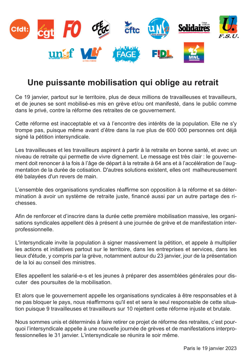 Communiqué de l'Intersyndicale Nationale Interprofessionnelle #Retraites 
#ReformeDesRetraites #greve19janvier