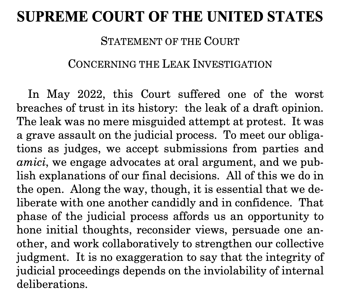 The Supreme Court releases its report on the Dobbs leak: The investigative team "has to date been unable to identify a person responsible by a preponderance of the evidence."

Read: s3.documentcloud.org/documents/2357…