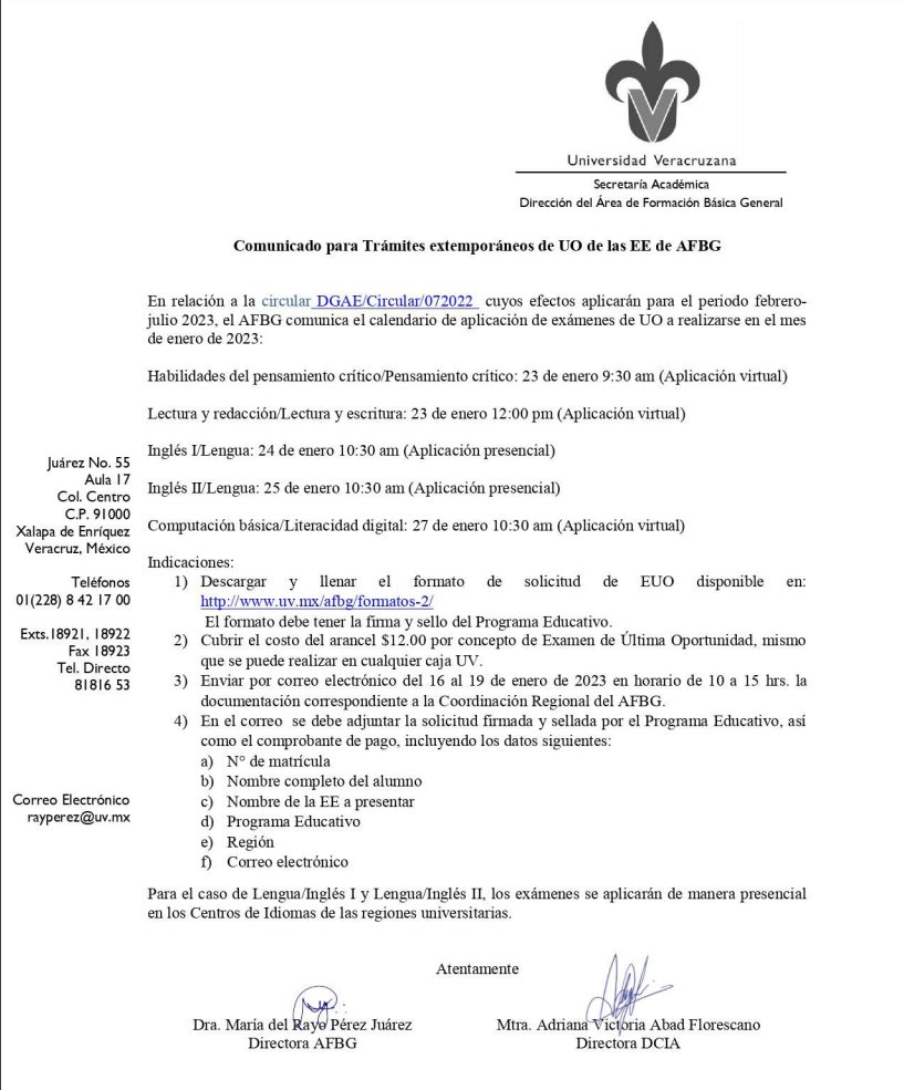 AFBG_UV's tweet photo. Atención alumno: si no acreditaste en 2ª inscripción alguna de las EE del AFBG en los periodos 202251 (febrero-julio 22) o 202288 (intersemestral de verano) y aún no presentas tu examen de Última Oportunidad, debes atender el siguiente comunicado.
https://t.co/fMEX6G6kcm https://t.co/35q91w6xIe