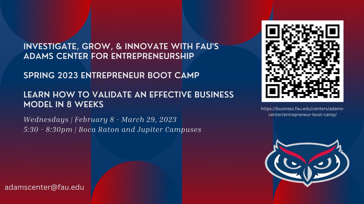 Join the South Florida entrepreneur ecosystem. Register now with early bird prices which will end January 31st. For more information, email adamscenter@fau.edu.