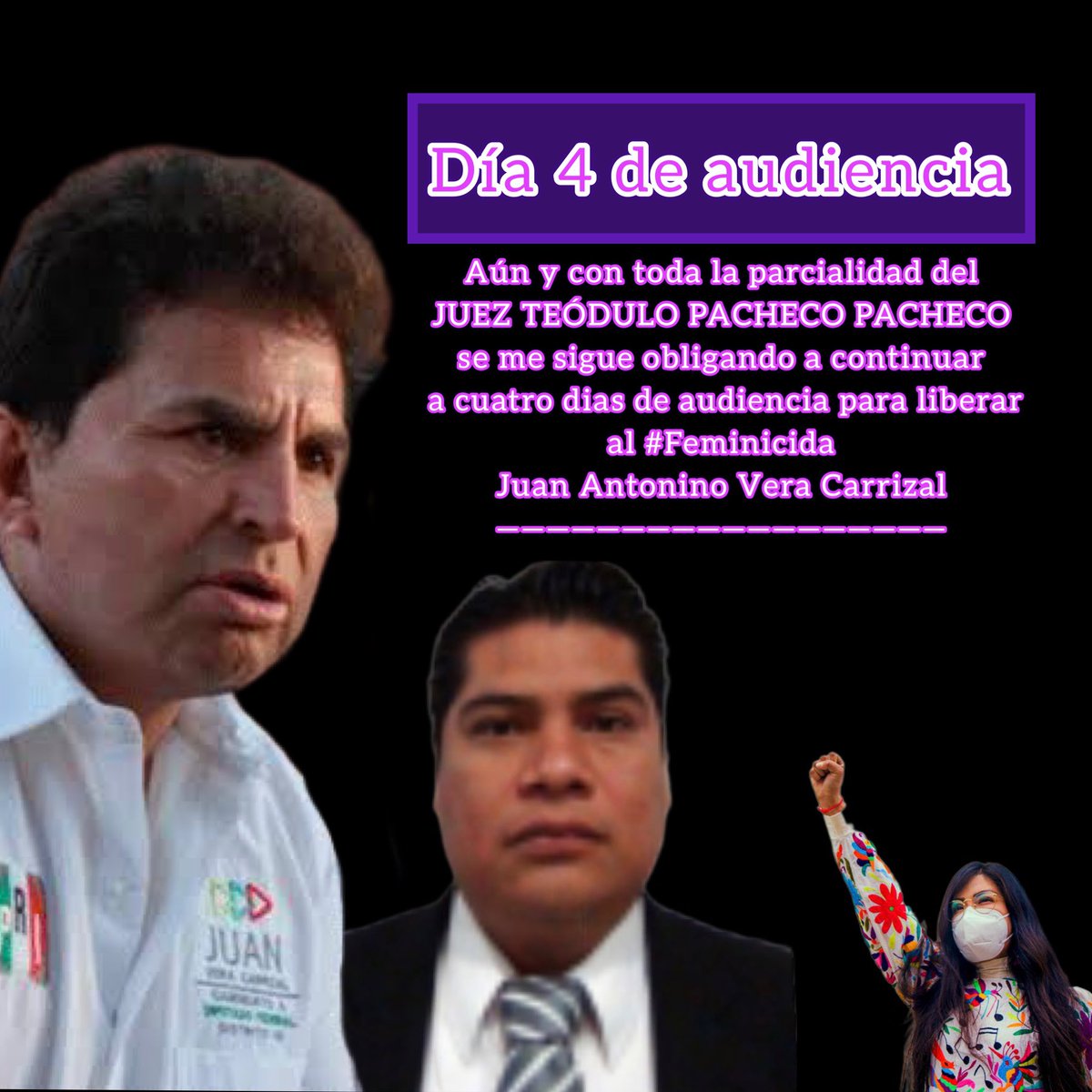 _ElenaRios's tweet photo. CUARTO DÍA DE AUDIENCIA 

El pacto continúa. El Juez Teódulo Pacheco Pacheco hace todo lo posible por liberar a mi agresor, #JuanAntonioVeraCarrizal pero mi abogada @DianaCristal290, la Ministerio Público y yo llegaremos al final. 

Las mujeres no se rinden!
#rt #rts 🙏🏾💜 https://t.co/GEQF54RaqD