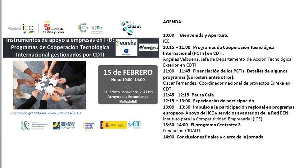 Cidaut's tweet photo. Jornada: “INSTRUMENTOS DE APOYO A EMPRESAS EN I+D: PROGRAMAS DE COOPERACIÓN TECNOLÓGICA INTERNACIONAL GESTIONADOS POR CDTI”
Miércoles 15 de febrero
Arroyo de la Encomienda (Valladolid)
Inscripciones: https://t.co/g8gyANeARS 
#CENTRATEC @EMPRESASJCYL @CDTI_innovacion https://t.co/Ju7Xx41jbN