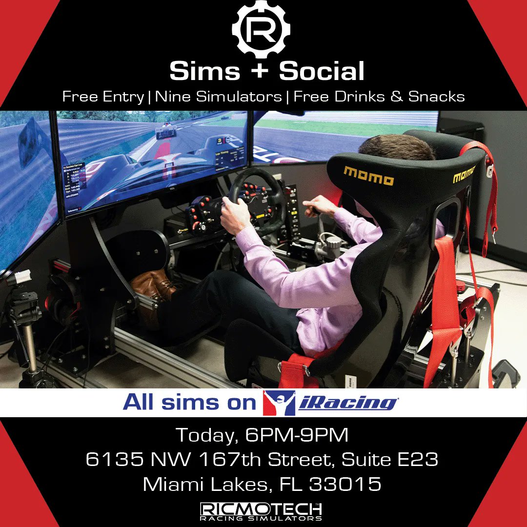 Today is the day! Our first Sims + Social of 2023 is tonight! No purchase is necessary; drinks and snacks are complimentary. #ricmotech #iracing #iracingofficial #simracing #miami #esports #broward #wpb