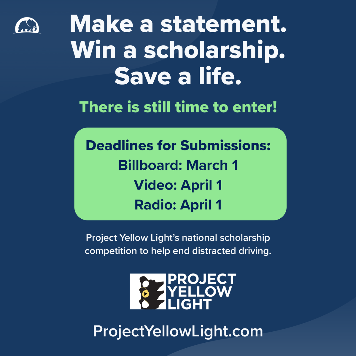 ElephantAutoIns's tweet image. Calling all high school or college students with a passion for important causes! There is still time to submit PSA&apos;s about the dangers of distracted driving for Project Yellow Light, a scholarship competition designed to encourage safe driving habits. Deadlines are approaching!